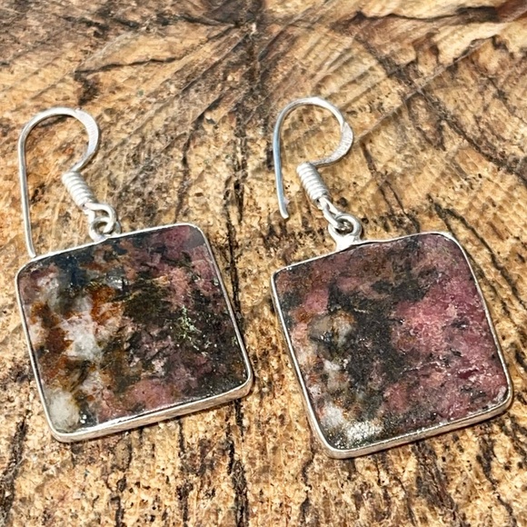 Dainty Square Rhodonite Earrings 1 1/2” - Picture 9 of 10